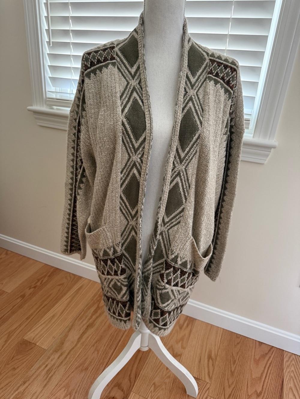 Lucky Brand Olive and Cream Marled Knit Hoodie with Brown Accents